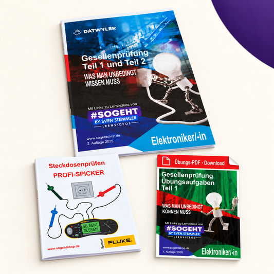 Lernpaket Gesellenprüfung Teil 1 – zwei dünne gedruckte Hefte: Prüfungsheft und Steckdosenprüfen-Profi-Spicker. Mit digitaler Übungs-PDF Teil 1 zum Herunterladen.