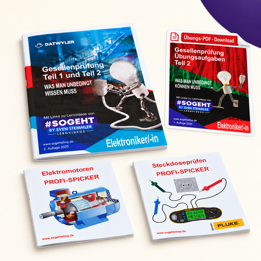 Lernpaket Gesellenprüfung Teil 2 – drei dünne gedruckte Hefte: Prüfungsheft und Steckdosenprüfen-Profi-Spicker sowie Elektromotoren-Profi-Spicker. Mit digitaler Übungs-PDF Teil 2 zum Herunterladen.